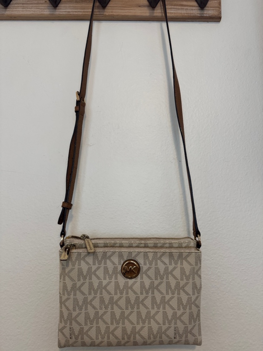 Michael Kors Cream Logo Crossbody with Brown Strap and Gold MK Emblem